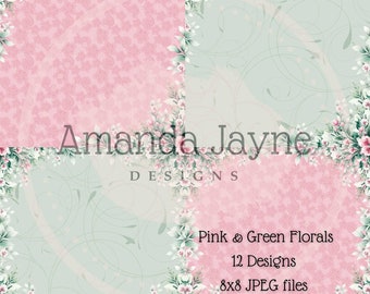 Pink and Green florals - 12 digital patterned papers - Amanda Jayne Designs