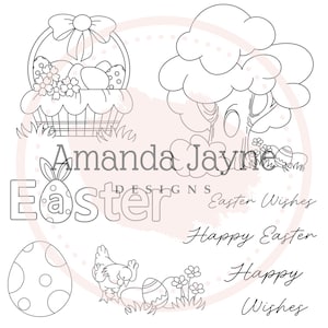 Juego de sellos digitales de Pascua: imágenes prediseñadas de arte lineal PNG, conejito de Pascua, huevos, flores, paquete de sellos de primavera, elementos de Pascua imprimibles.