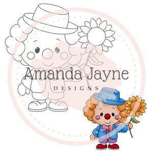 Palhaço com carimbo digital de flores para fabricantes de cartões, carimbo digital, clipart, imprimível, aniversário, suprimentos para fazer cartões, scrapbooking