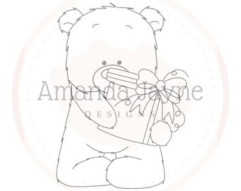 Present bear digi stamp, digital stamp, birthday digis, Amanda Jayne Designs