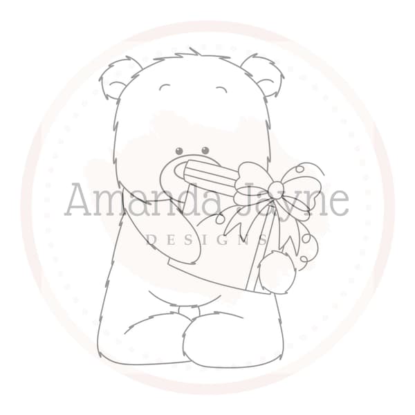 Present bear digi stamp, digital stamp, birthday digis, Amanda Jayne Designs