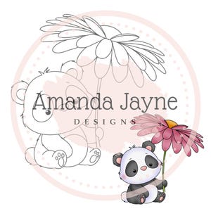 Digitale stempel panda met madeliefje | Schattige dieren clipart om kaarten te maken | Scrapbooken en knutselen: direct downloaden, png