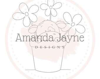 Cow in flower pot digi stamp, digital stamp, Amanda Jayne Designs