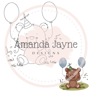 Sello digital de oso de celebración, sello digital, clipart, imprimible, cumpleaños, suministros para hacer tarjetas, scrapbooking