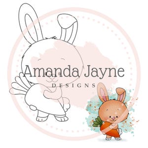 Lindo conejito sosteniendo una zanahoria Sello digital de Pascua / Clipart de conejo de primavera para hacer tarjetas / Scrapbooking y manualidades - Descarga instantánea PNG