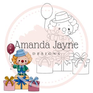 Carimbo digital de palhaço de aniversário para fabricantes de cartões, carimbo digital, clipart, imprimível, digis para meninos, suprimentos para fazer cartões, scrapbooking