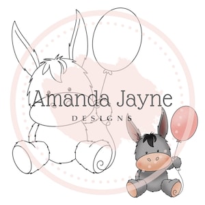 Sello digital de burro con globo, sello digital, clipart, imprimible, primavera, cumpleaños, suministros para hacer tarjetas, scrapbooking