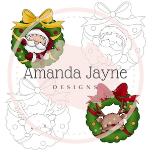 Weihnachtsmann und Rentier im Kranz Digistempel, digitaler Stempel, Amanda Jayne Designs