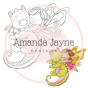 Sello digital de hadas y dragones: arte lineal de fantasía para hacer tarjetas, álbumes de recortes y manualidades: descarga instantánea