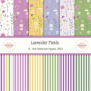 Pacote de papel digital Lavender Fields | Fundos de primavera brilhantes e coloridos | Papéis para scrapbook e cartões imprimíveis