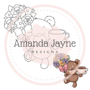 Sello digital Lindo oso con té y flores / PNG precoloreado y en blanco y negro