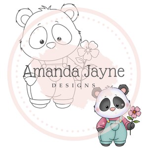Panda in tuinbroek digitale stempel voor kaartmakers, digistempel, clipart, afdrukbaar, verjaardag, benodigdheden voor het maken van kaarten, scrapbooking