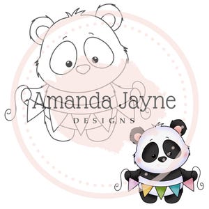 Sello digital de panda con banderines para hacer tarjetas, sello digital, clipart, imprimible, cumpleaños, suministros para hacer tarjetas, scrapbooking