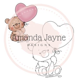 Heart Balloon Bear digital stamp, digi stamp, clipart, printable, love, birthday, card making supplies, scrapbooking