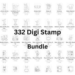 May include: A collection of 332 Digi Stamp digital images, featuring various cartoon characters and objects. The images are black and white line drawings, including bunnies, bears, giraffes, and balloons. The word "Bundle" is also present.