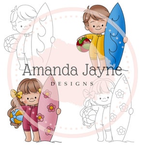Surfer Junge und Mädchen digitaler Stempel, Digi Stempel, Amanda Jayne Designs