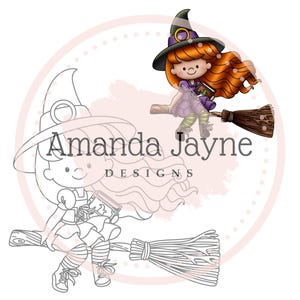 Bruja en escoba y creador de escenas, 20 elementos - paquete de sellos digitales, sello digital, Halloween, Amanda Jayne Designs