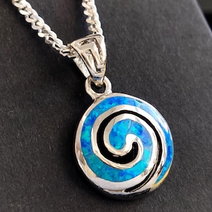 Greek Spiral Blue Opal Silver Pendant Infinity Chain Necklace 15mm, Jewelry Greece, Griechisches Silber Blau Opal Kette Anhanger Schmuck
