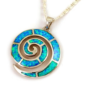 Greek Spiral Blue Opal Stones Chain Silver Pendant 26mm Necklace, Jewelry From Greece, Griechischer Silber Kette Schmuck Blau Opal Stein