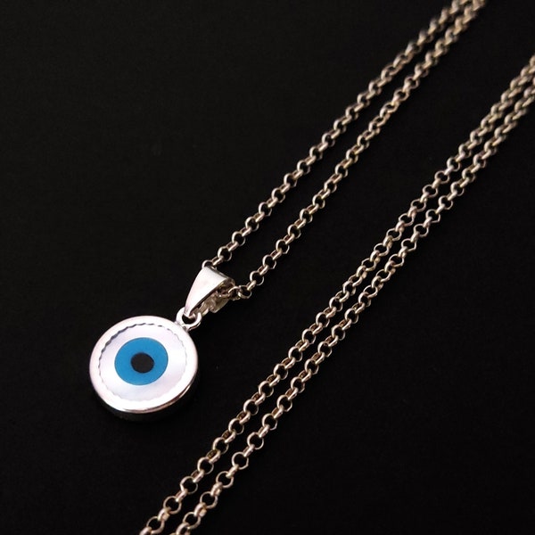 Greek Silver Mother Of Pearl Evil Eye 10mm Chain Pendant Necklace, Jewelry From Greece, Griechisches Silber Auge Anhanger Schmuck Kette