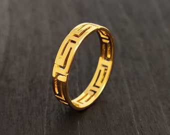 Sterling Silver 925 Ancient Greek Meander Eternity Key Gold Plated Ring 4mm, Hommes Femmes, Bijoux De Grèce, Griechischer Silber Schmuck