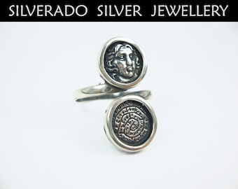 Sterling Silver 925 Ancient Greek God Helios Coin & Minoan Phaistos Disc Ring US 10  FR 62