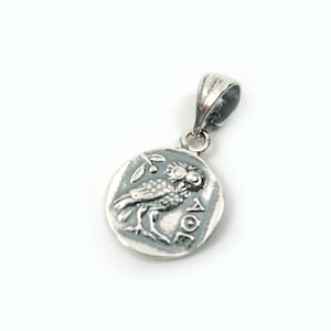 Sterling Silver 925  Ancient Greek Goddess Athena's Owl Coin 2-Sides Pendant 13mm Griechische Silber Munze Anhanger, Pendetif Grecque Argent