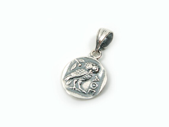 Sterling Silver 925  Ancient Greek Goddess Athena's Owl Coin 2-Sides Pendant 13mm Griechische Silber Munze Anhanger, Pendetif Grecque Argent