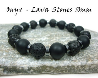 Natural Volacanic Santorini Greek Black Lava Stones, Black Matt Onyx Stones 10mm, Hematite Silver Color Stones Bracelet, Lava Bracelet