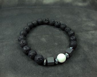 Lava Bracelet ,FREE SHIPPING  Natural Black Volcanic Lava 8mm - White Onyx 8mm - Hematite - Unique Design Handmade Greek Men Women