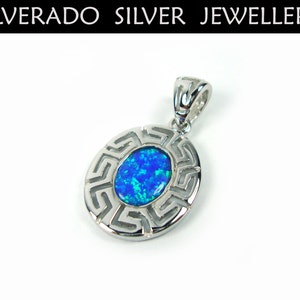 Sterling Silver 925 Greek Eternity Key Design Oval Pendant Fire Rainbow Opal 16x20mm, Greek Pendant, Griechische Anhanger, Pendetif Grecque