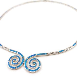 Greek Silver Opal Double Spiral Necklace, Jewelry From Greece, Griechischer Blau Silber Kette Schmuck, Bijoux Collier Grecque , Opal Stones