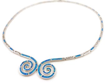 Grekiskt silveropalhalsband med dubbel spiral, smycken från Grekland, grekisk blå silverkedja, grekiska bijoux collier, opalstenar