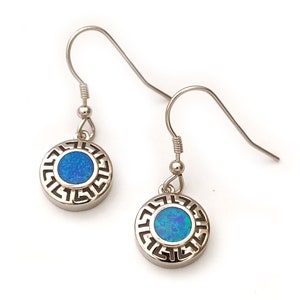 Greek Key Blue Opal Round Dangle Silver Earrings 12mm, Jewelry From Greece, Griechischer Silber Ohrringe Schmuck, Bijoux Grecque, Meander