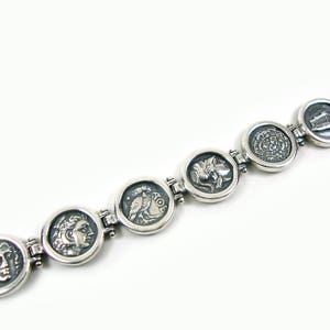 Sterling Silver 925 Greek Bracelet Coins Symbols Phaistos Disc, Athena, Alexander, Owl, Acropolis, Apollo 13mm ,Griechische Armband, Jewelry