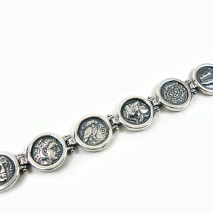 Sterling Silver 925 Greek Bracelet Coins Symbols Phaistos Disc, Athena, Alexander, Owl, Acropolis, Apollo 18m Griechische Armband, Jewelry