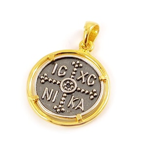 Sterling Silver 925 Handmade Byzantine Greek Gold Plated Cross Coin IC-XC-NIKA Konstantinato 23mm, Good Luck Charm, Men Women Kids Cross