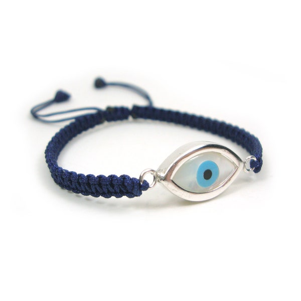 Sterling Silver 925 Greek Evil Eye Shape Good Luck 10mm Handmade Adjustable Macrame Blue Bracelet , Griechisches Armband, Bijoux Grecque