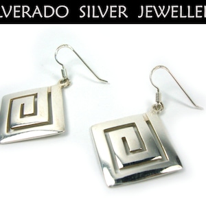 Sterling Silver 925 Modern Greek Eternity Key Square Dangle Earrings 20x20 mm, boucles d&#39;oreilles Grecque, Griechische Silber Ohrringe