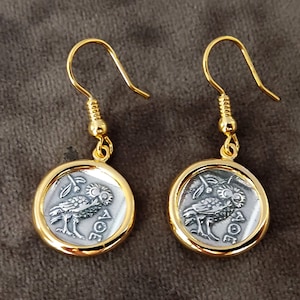 Ancient Greek Athena Owl Coin Dangle Earrings 16mm, Silver Earrings Jewelry From Greece, Griechischer Silber Ohrringe Eule, Gold Plated,