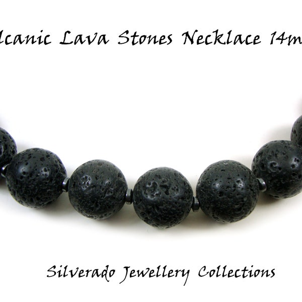 Volcanic Lava Santorini & Hematite Greek Stones 14mm Necklace, Lava Necklace, Lava Stein Kette, 40-45-50-55-60 cm, 16-18-20-22-24 inches