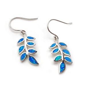 Greek Silver Leaf Leaves Fire Ocean Blue Opal Dangle Earrings, Jewelry From Greece, Griechischer Silber Ohrringe, Bijoux De Grece, 25x12mm