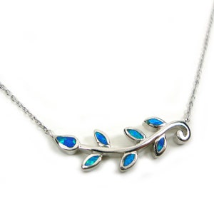 Sterling Silver 925 Blue Opal Greek Olive Leaves Pendant & Chain Necklace, Ancient Greek Leaf leaves Opal Pendant, Olive Leaves Necklace