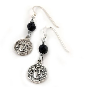 Sterling Silver 925 Ancient Greek God Apollo Helios Coin Earrings 13mm  Volcanic Lava 6mm, Griechische Silber Ohrringe Eule, Owl Earrings