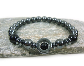 Natural Hematite - Black Onyx Stones 8 mm Bracelet, Hematite Bracelet, Onyx Bracelet, Hematite Jewelry, Greek Bracelet Jewelry, Strength