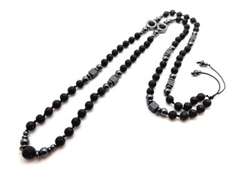 Long Lava Stones Greek Necklace 75cm - 29.2inch, Men Women Black Volcanic Stones Hematite Necklace, Mens Gift Necklace , Santorini Jewelry