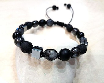 Volcanique Santorin lave volcanique, Larvikite, hématite, Onyx noir, Bracelet unisexe fait à la main, Bracelet femme homme, Bracelet lave, de bijoux pour homme