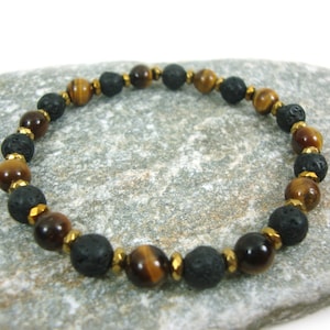 Natural Volcanic Lava - Tiger Eye Stones 6mm - Gold Color Hematite Spacers Stretch Bracelet, Tiger Eye Bracelet, Tiger Eye Stones, Santorini