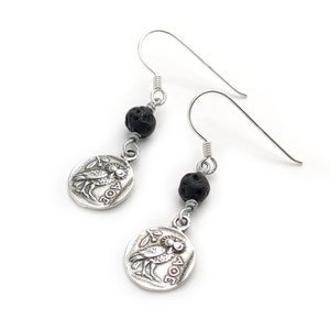 Sterling Silver 925 Ancient Greek Goddess Athena&#39;s Wise Owl Earrings 13mm  Volcanic Lava 6mm, Griechische Silber Ohrringe Eule, Owl Earrings