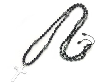 Lange lavastenen kruis ketting 70cm - 27.3inch, mannen vrouwen zwarte vulkanische stenen hematiet ketting, roestvrij staal kruis, Santorini sieraden